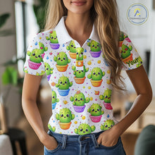 Load image into Gallery viewer, Funny Cactus Flower Pattern Womens Golf Polo Shirt, Cute Cartoon Plant Shirt Personalized, Colorful Succulent Shirt NHT556