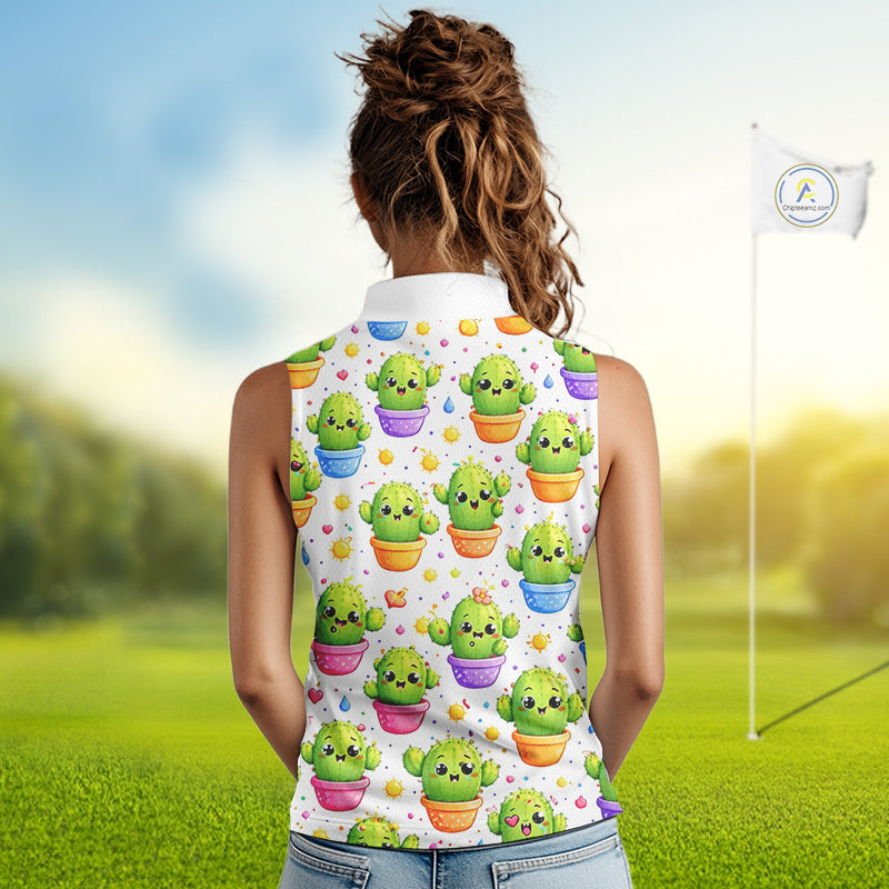 Funny Cactus Flower Pattern Womens Sleeveless Golf Polo Shirt, Cute Cartoon Plant Shirt Personalized, Colorful Succulent Shirt NHT556