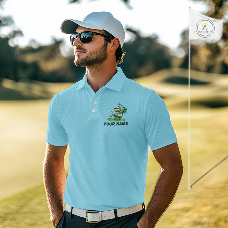 Personalized Mens Golf Polo Shirt Custom Name Funny Green Parrot Design|Blue 
