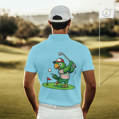 Personalized Mens Golf Polo Shirt Custom Name Funny Green Parrot Design|Blue 
