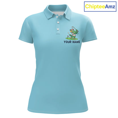 Personalized Womens Golf Polo Shirt Custom Name Funny Green Parrot Design|Blue 