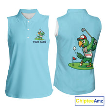 Load image into Gallery viewer, Personalized Womens Sleeveless Golf Polo Shirt Custom Name Funny Green Parrot Design|Blue 