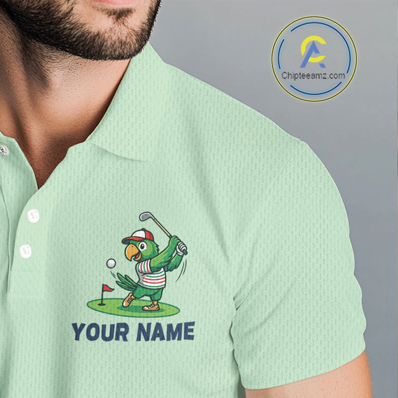 Personalized Mens Golf Polo Shirt Custom Name Funny Green Parrot Design|Green NHT1093