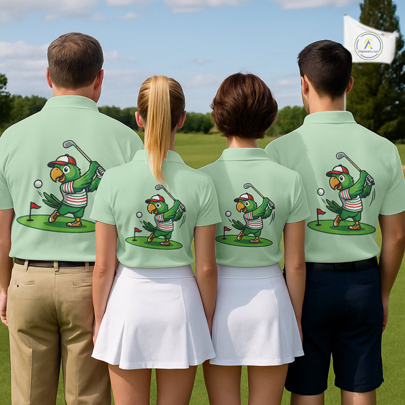 Four people wearing matching green shirts with a cartoon parrot design on a golf course.