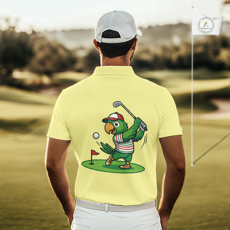 Personalized Mens Golf Polo Shirt Custom Name Funny Green Parrot Design|Yellow NHT1094