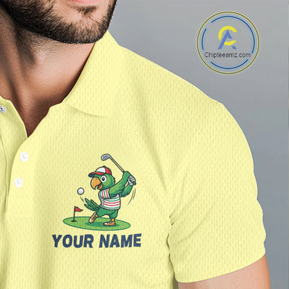 Personalized Mens Golf Polo Shirt Custom Name Funny Green Parrot Design|Yellow 