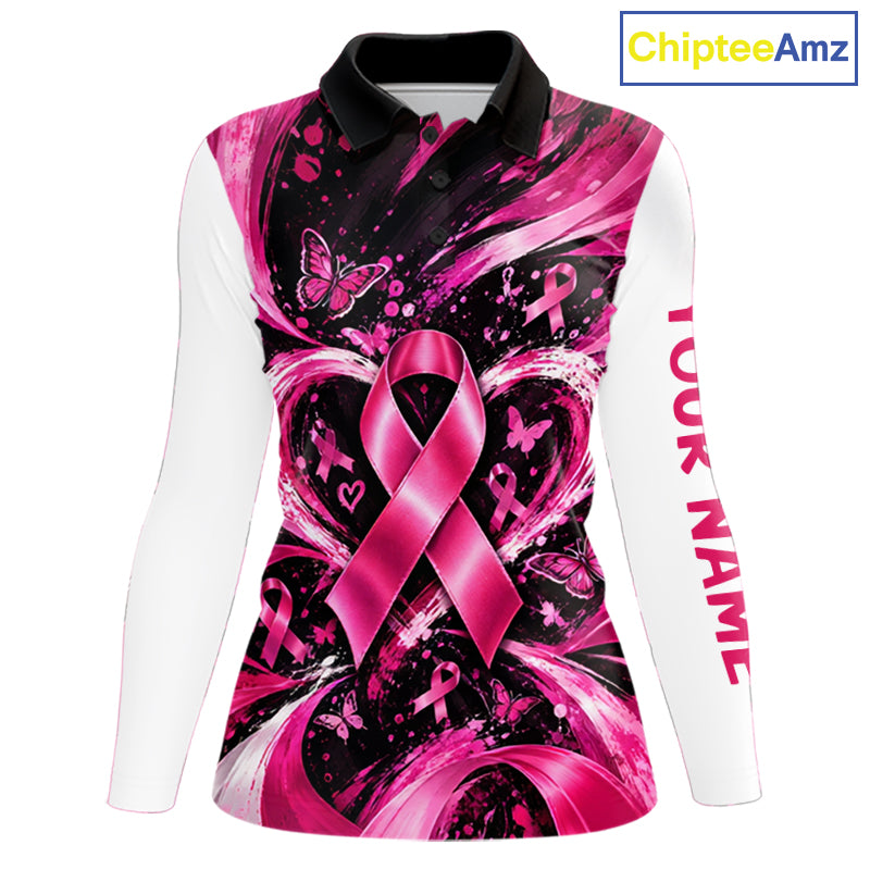 Personalized Pink Ribbon Women Golf Shirt With Name, Custom Team Name Golf Polo Shirt NHT1545