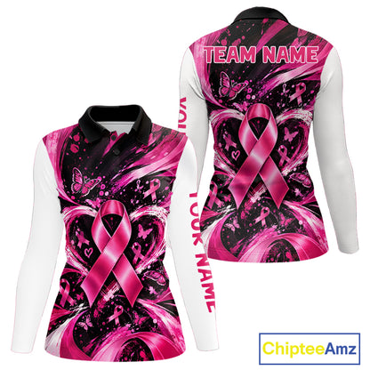 Personalized Pink Ribbon Women Golf Shirt With Name, Custom Team Name Golf Polo Shirt NHT1545