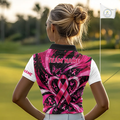 Personalized Pink Ribbon Women Golf Shirt With Name, Custom Team Name Golf Polo Shirt NHT1545