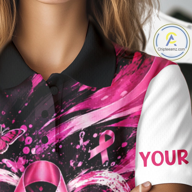 Personalized Pink Ribbon Women Golf Shirt With Name, Custom Team Name Golf Polo Shirt NHT1545