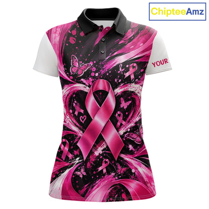 Personalized Pink Ribbon Women Golf Shirt With Name, Custom Team Name Golf Polo Shirt NHT1545