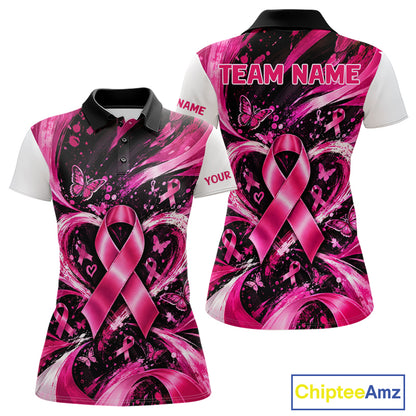 Personalized Pink Ribbon Women Golf Shirt With Name, Custom Team Name Golf Polo Shirt NHT1545