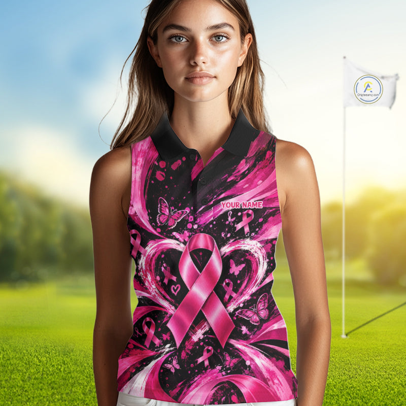 Personalized Pink Ribbon Women Golf Shirt With Name, Custom Team Name Golf Polo Shirt NHT1545