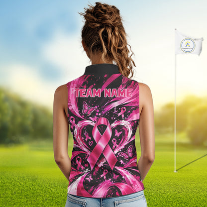 Personalized Pink Ribbon Women Golf Shirt With Name, Custom Team Name Golf Polo Shirt NHT1545