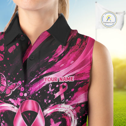Personalized Pink Ribbon Women Golf Shirt With Name, Custom Team Name Golf Polo Shirt NHT1545