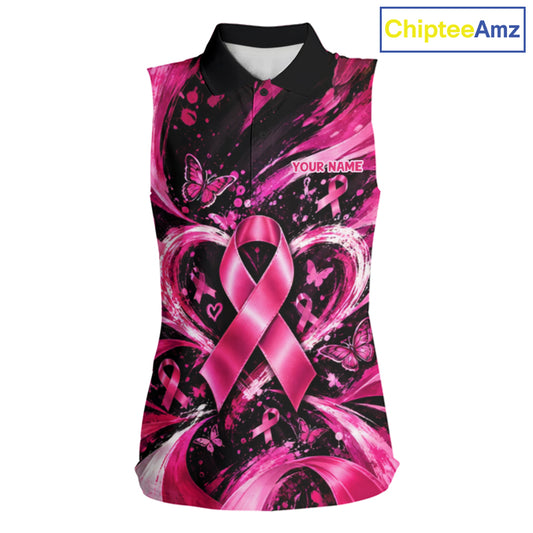 Personalized Pink Ribbon Women Golf Shirt With Name, Custom Team Name Golf Polo Shirt NHT1545