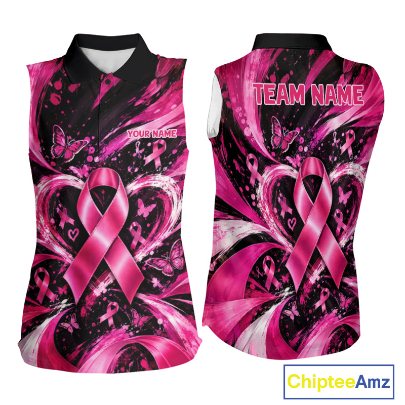 Personalized Pink Ribbon Women Golf Shirt With Name, Custom Team Name Golf Polo Shirt NHT1545