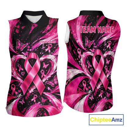 Personalized Pink Ribbon Women Golf Shirt With Name, Custom Team Name Golf Polo Shirt NHT1545