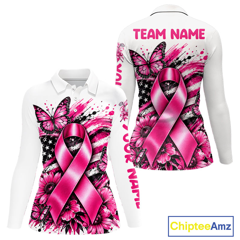 Breast Cancer Awareness Ribbon Butterfly White Women Polo Shirt, Personalized Pink Golf Shirt NHT1546