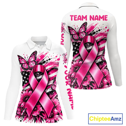Breast Cancer Awareness Ribbon Butterfly White Women Polo Shirt, Personalized Pink Golf Shirt NHT1546