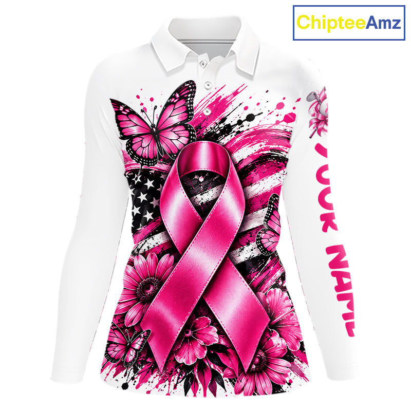 Breast Cancer Awareness Ribbon Butterfly White Women Polo Shirt, Personalized Pink Golf Shirt NHT1546