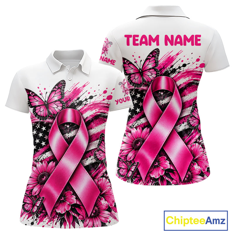Breast Cancer Awareness Ribbon Butterfly White Women Polo Shirt, Personalized Pink Golf Shirt NHT1546