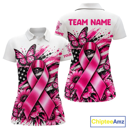 Breast Cancer Awareness Ribbon Butterfly White Women Polo Shirt, Personalized Pink Golf Shirt NHT1546
