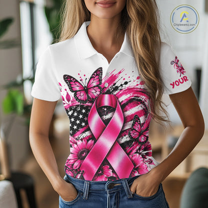 Breast Cancer Awareness Ribbon Butterfly White Women Polo Shirt, Personalized Pink Golf Shirt NHT1546