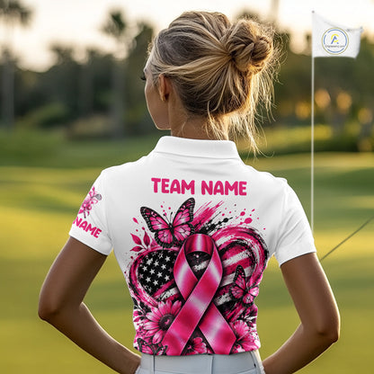 Breast Cancer Awareness Ribbon Butterfly White Women Polo Shirt, Personalized Pink Golf Shirt NHT1546