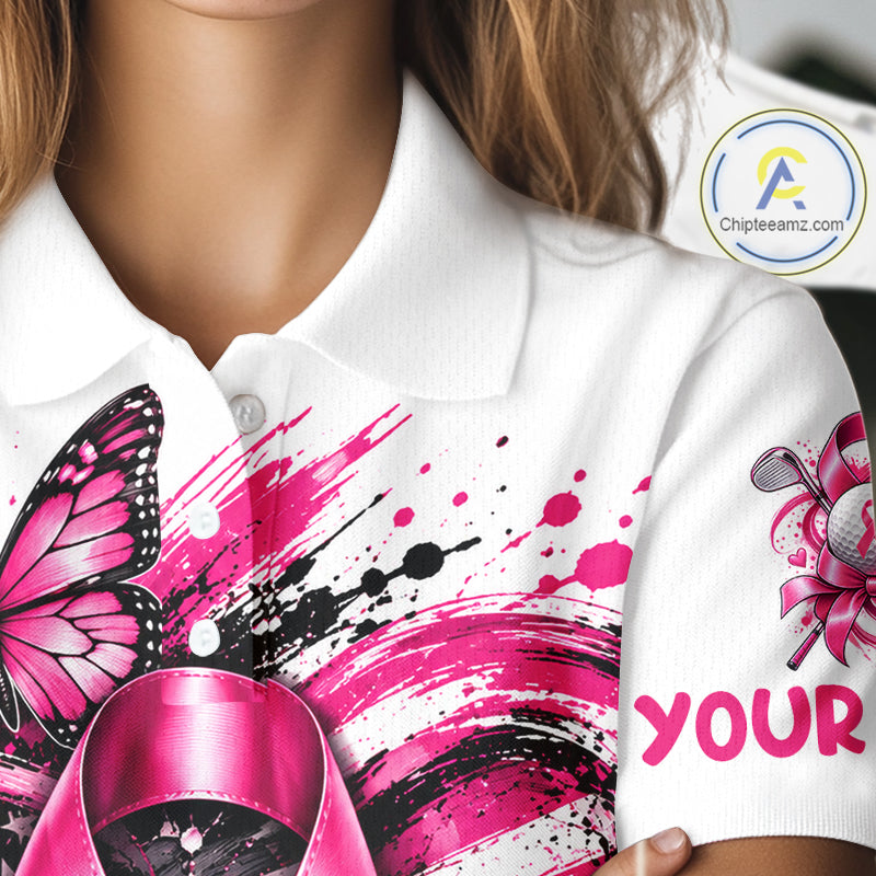Breast Cancer Awareness Ribbon Butterfly White Women Polo Shirt, Personalized Pink Golf Shirt NHT1546