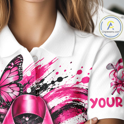 Breast Cancer Awareness Ribbon Butterfly White Women Polo Shirt, Personalized Pink Golf Shirt NHT1546