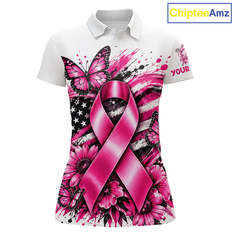 Breast Cancer Awareness Ribbon Butterfly White Women Polo Shirt, Personalized Pink Golf Shirt NHT1546