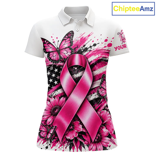 Breast Cancer Awareness Ribbon Butterfly White Women Polo Shirt, Personalized Pink Golf Shirt NHT1546