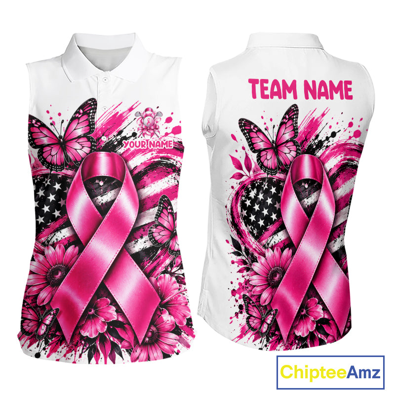 Breast Cancer Awareness Ribbon Butterfly White Women Polo Shirt, Personalized Pink Golf Shirt NHT1546