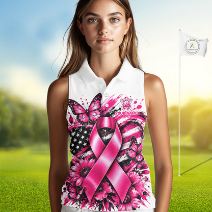 Breast Cancer Awareness Ribbon Butterfly White Women Polo Shirt, Personalized Pink Golf Shirt NHT1546