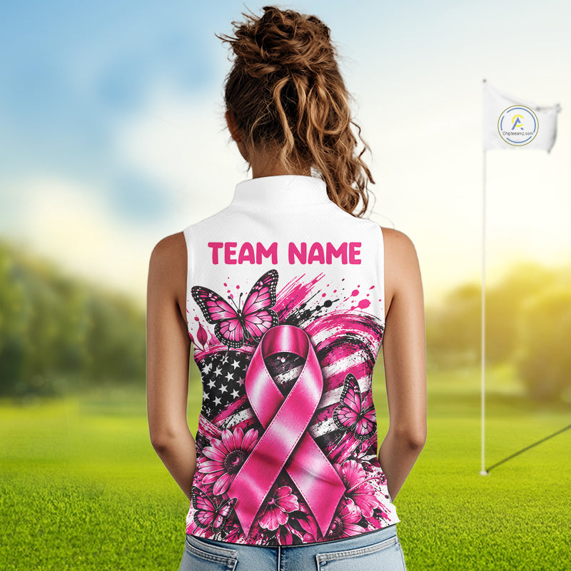 Breast Cancer Awareness Ribbon Butterfly White Women Polo Shirt, Personalized Pink Golf Shirt NHT1546