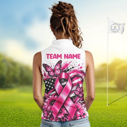 Breast Cancer Awareness Ribbon Butterfly White Women Polo Shirt, Personalized Pink Golf Shirt NHT1546
