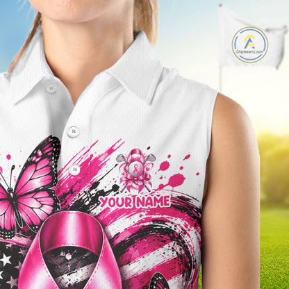 Breast Cancer Awareness Ribbon Butterfly White Women Polo Shirt, Personalized Pink Golf Shirt NHT1546