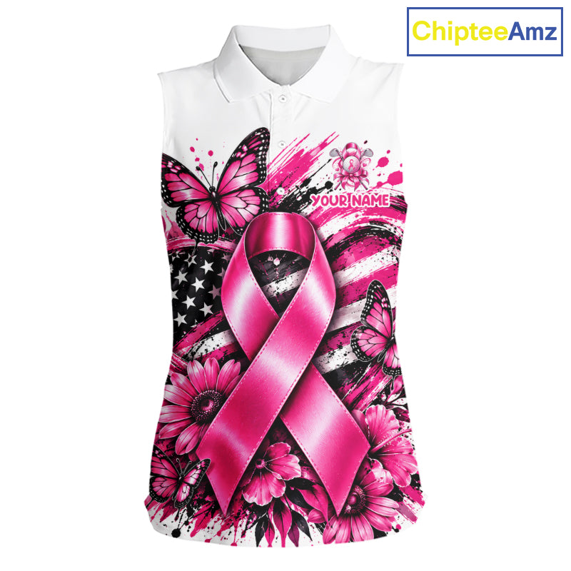 Breast Cancer Awareness Ribbon Butterfly White Women Polo Shirt, Personalized Pink Golf Shirt NHT1546