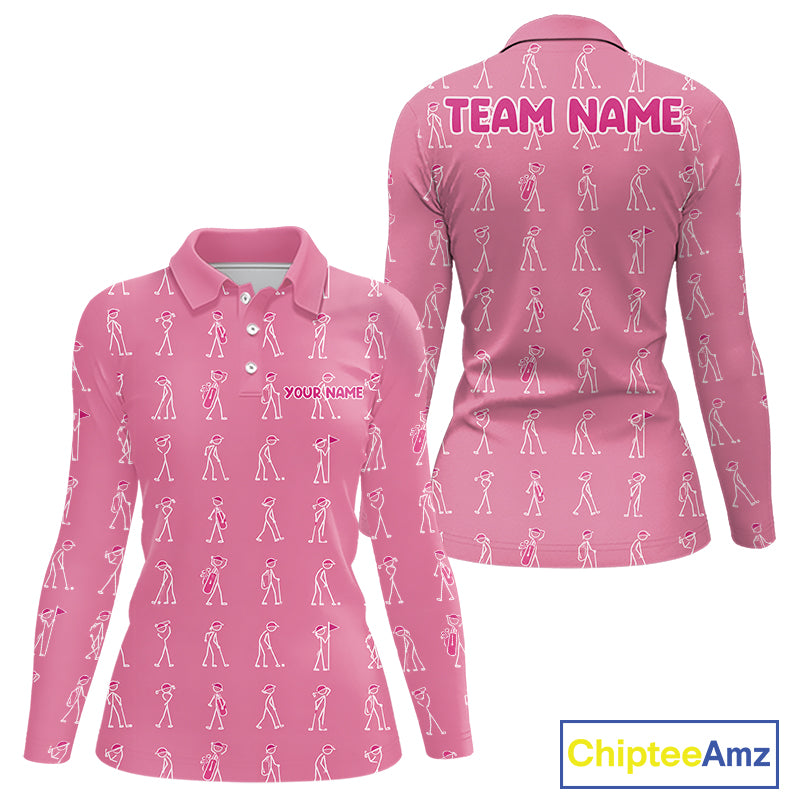 Personalized Stick Figure Golf Pink Women Polo Shirt, Custom Golf Girl Polo Shirt, Golf Tops NHT1548