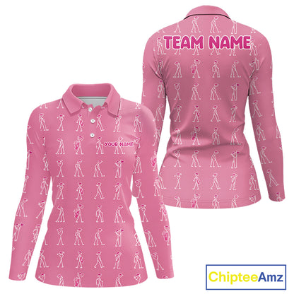 Personalized Stick Figure Golf Pink Women Polo Shirt, Custom Golf Girl Polo Shirt, Golf Tops NHT1548