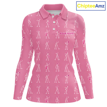 Personalized Stick Figure Golf Pink Women Polo Shirt, Custom Golf Girl Polo Shirt, Golf Tops NHT1548