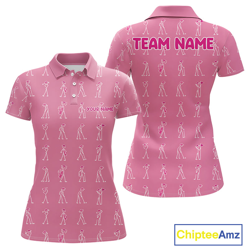 Personalized Stick Figure Golf Pink Women Polo Shirt, Custom Golf Girl Polo Shirt, Golf Tops NHT1548