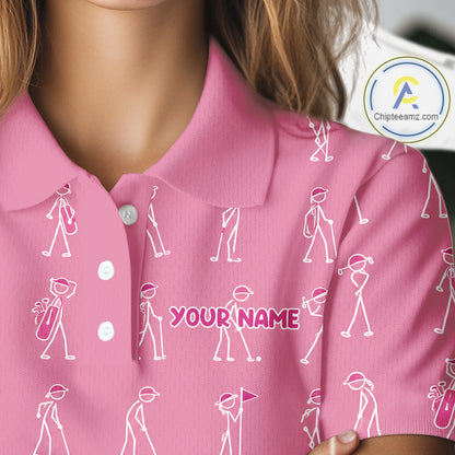Personalized Stick Figure Golf Pink Women Polo Shirt, Custom Golf Girl Polo Shirt, Golf Tops NHT1548