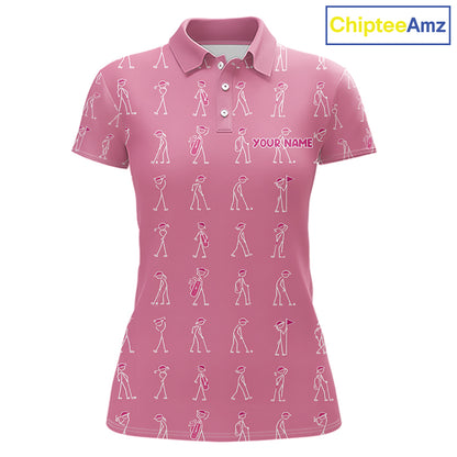 Personalized Stick Figure Golf Pink Women Polo Shirt, Custom Golf Girl Polo Shirt, Golf Tops NHT1548