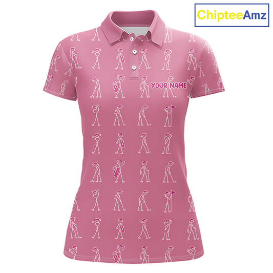 Personalized Stick Figure Golf Pink Women Polo Shirt, Custom Golf Girl Polo Shirt, Golf Tops NHT1548