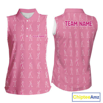 Personalized Stick Figure Golf Pink Women Polo Shirt, Custom Golf Girl Polo Shirt, Golf Tops NHT1548