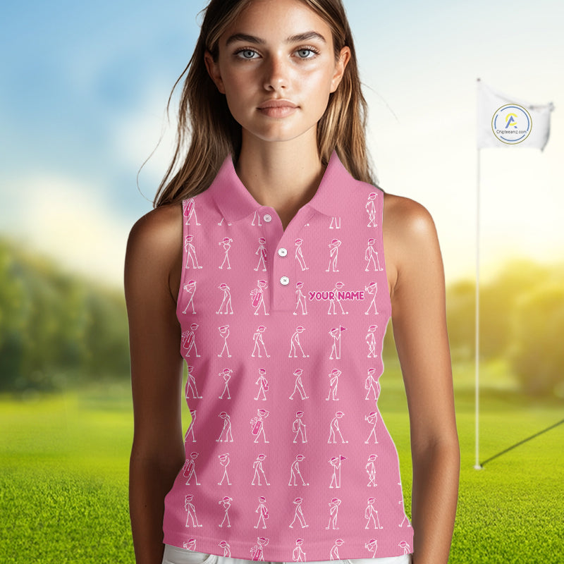 Personalized Stick Figure Golf Pink Women Polo Shirt, Custom Golf Girl Polo Shirt, Golf Tops NHT1548