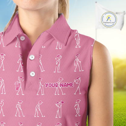 Personalized Stick Figure Golf Pink Women Polo Shirt, Custom Golf Girl Polo Shirt, Golf Tops NHT1548