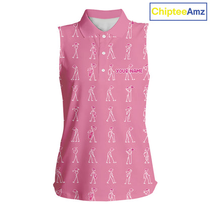 Personalized Stick Figure Golf Pink Women Polo Shirt, Custom Golf Girl Polo Shirt, Golf Tops NHT1548